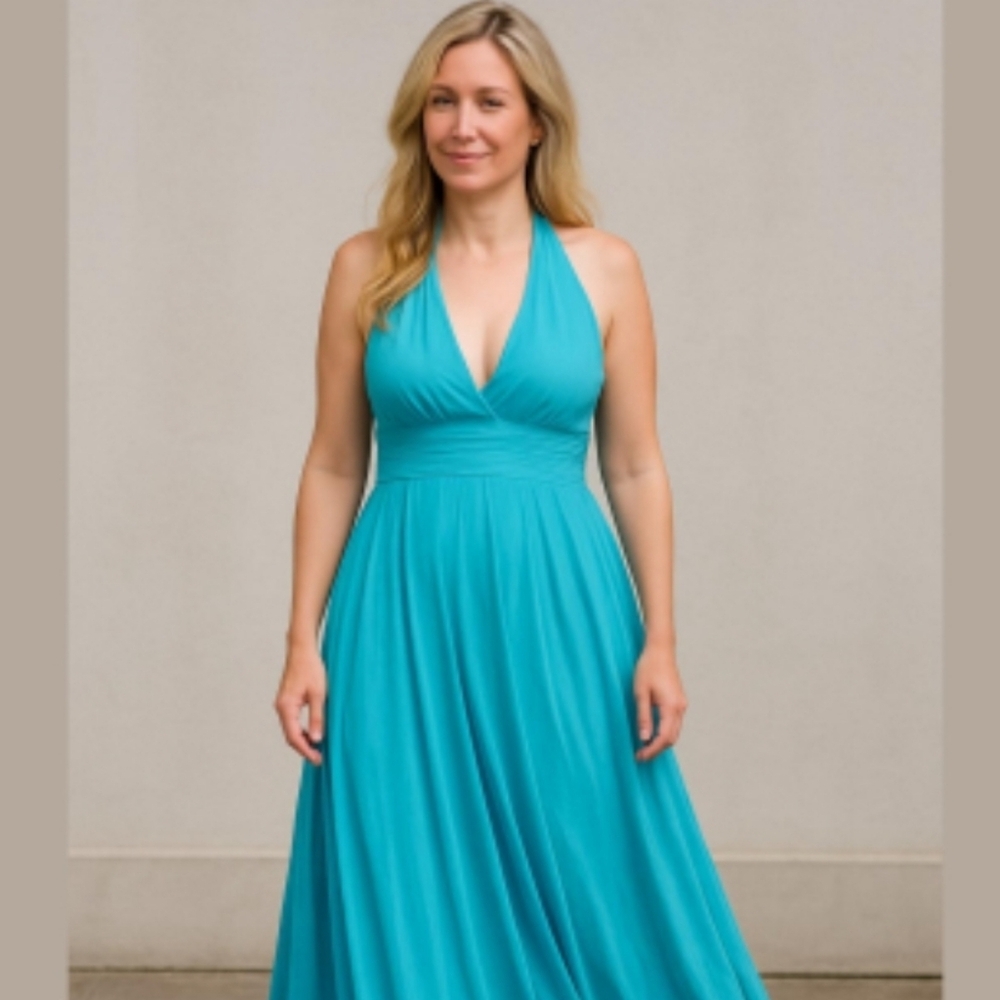 Y2K Jones New York Babydoll Halter Neck Silk Midi Fully Lined Dress New Blue 10